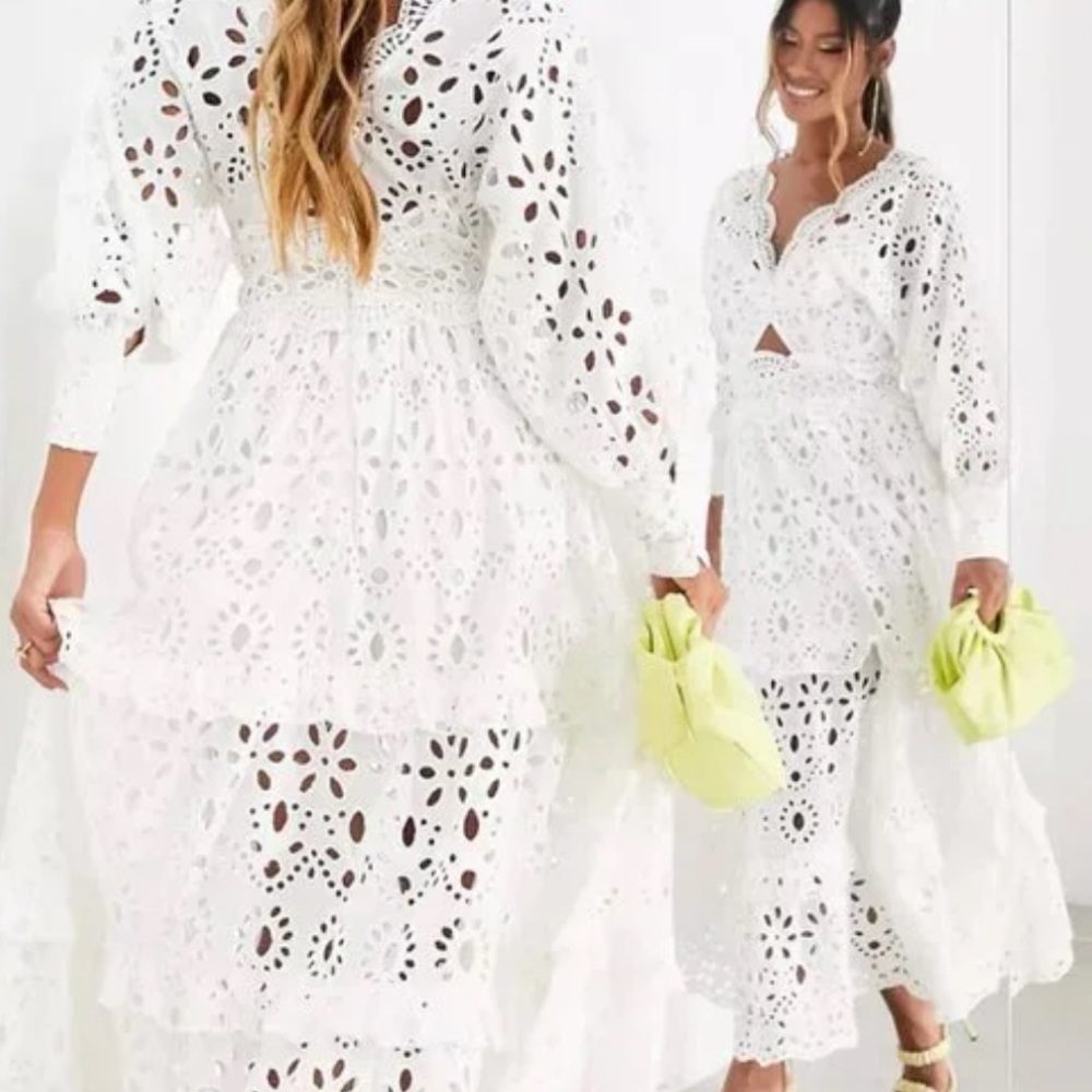 ASOS EDITION V - Neck Eyelet Midi Dress with puff sleeve in White Size 4 NWT